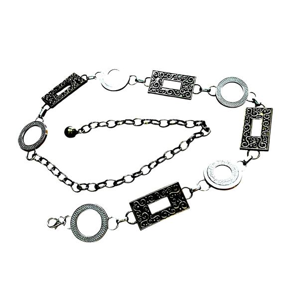 Ladies vintage Y2K chain belt textured geometric silver brass rings rectangles - Picture 2 of 6